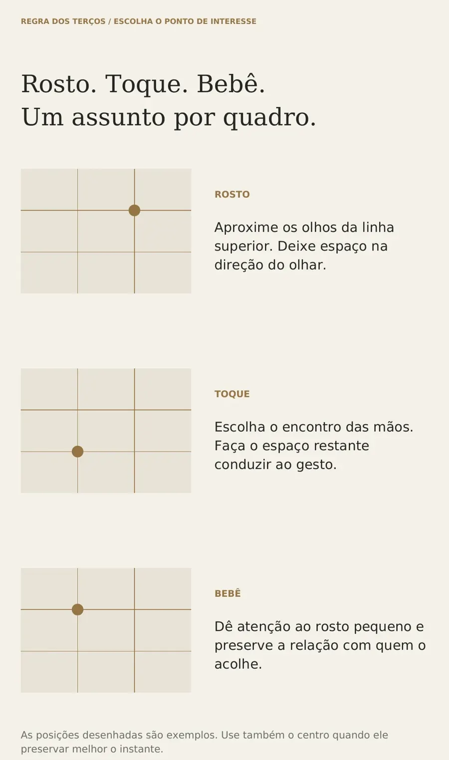 Página do guia sobre regra dos terços: rosto, toque e bebê